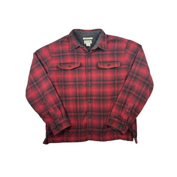 LL Bean Flannel Shacket Mens Large Red Plaid Traditional‎ Fit Fleece Lined Shirt - Picture 1 of 9